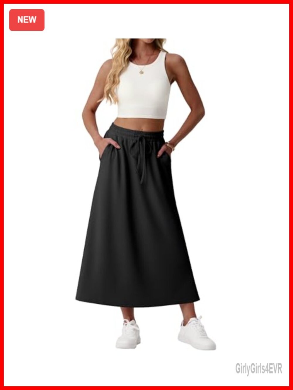 High Waisted A-Line Maxi Skirt with Pockets Drawstring Casual Summer